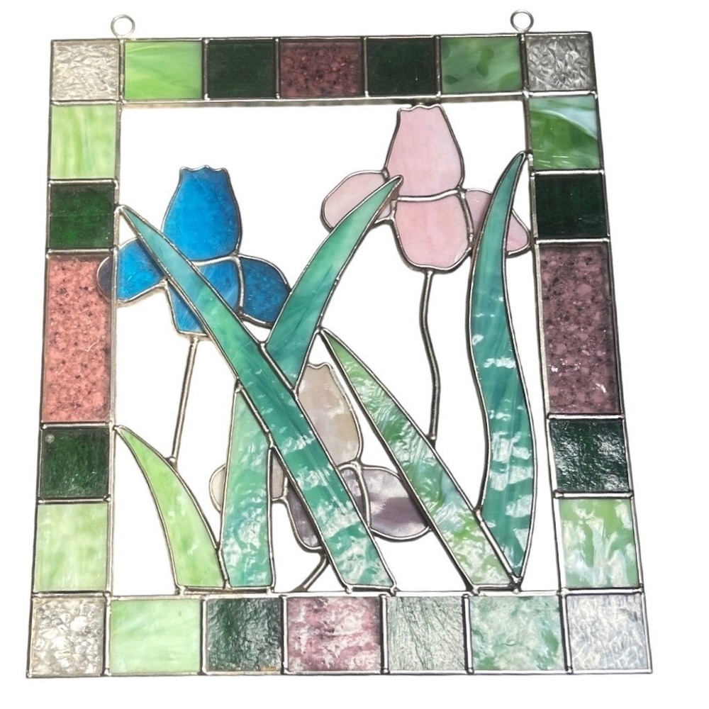 Vintage Stained Glass Iris Flower Suncatcher Panel Pink Blue Floral Wall Decor